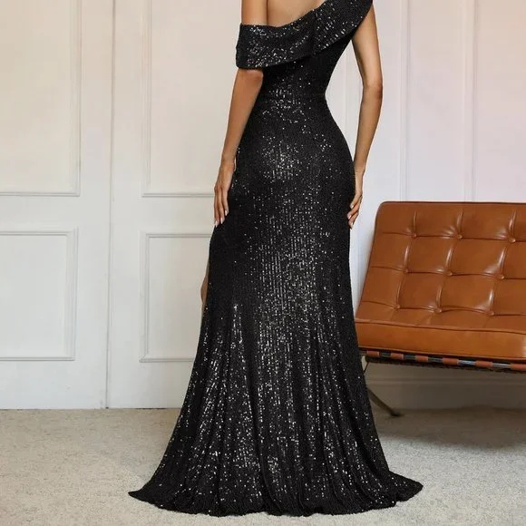 Black Preppy Womens Asymmetrical Neck Ruched Wrap Hem Sequin Prom Dress - Picture 2 of 5